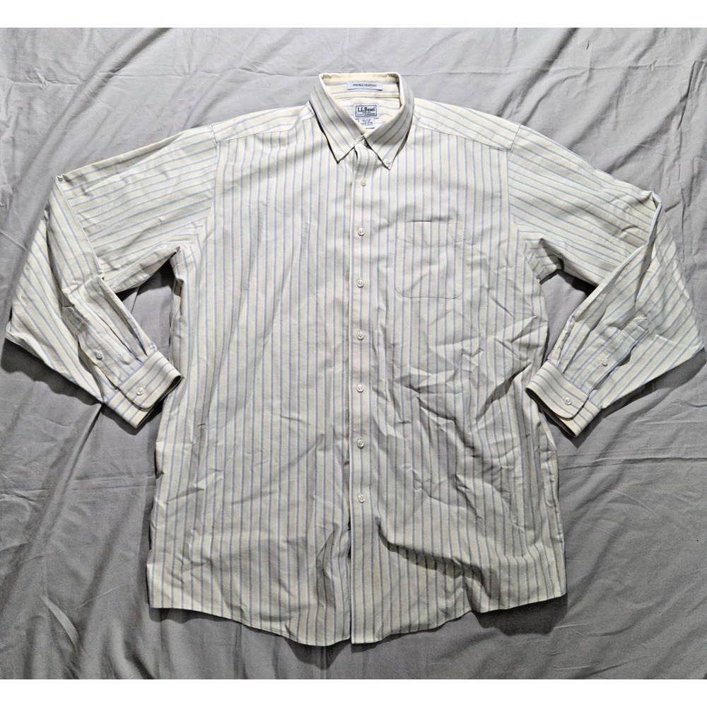 L.L. Bean Men's Button-Down Shirt White with Blue and Yellow Stripes